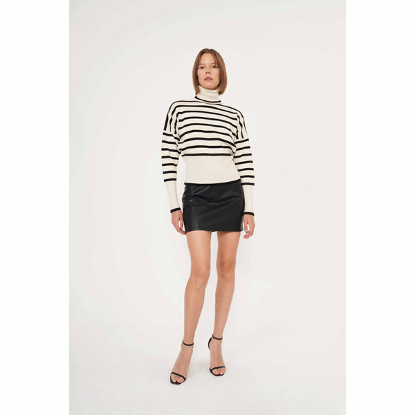 Striped Turtle Neck Knit Top Black